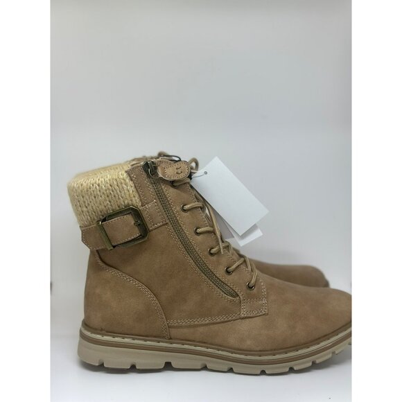 NIB Cliffs By White Mountain Lace-Up Boots Knit Cuff Ladies Natural Tan SZ 9M - Picture 6 of 10